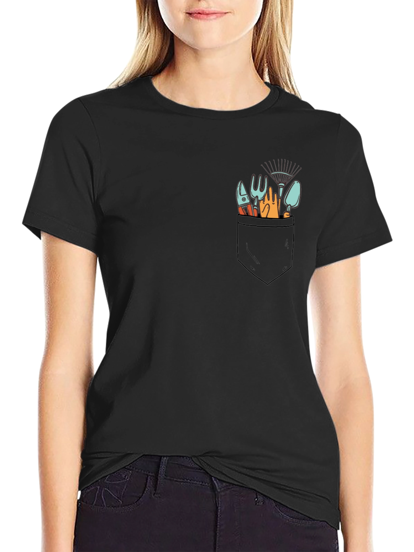 Gardening Tools Pocket Print Black T-Shirt