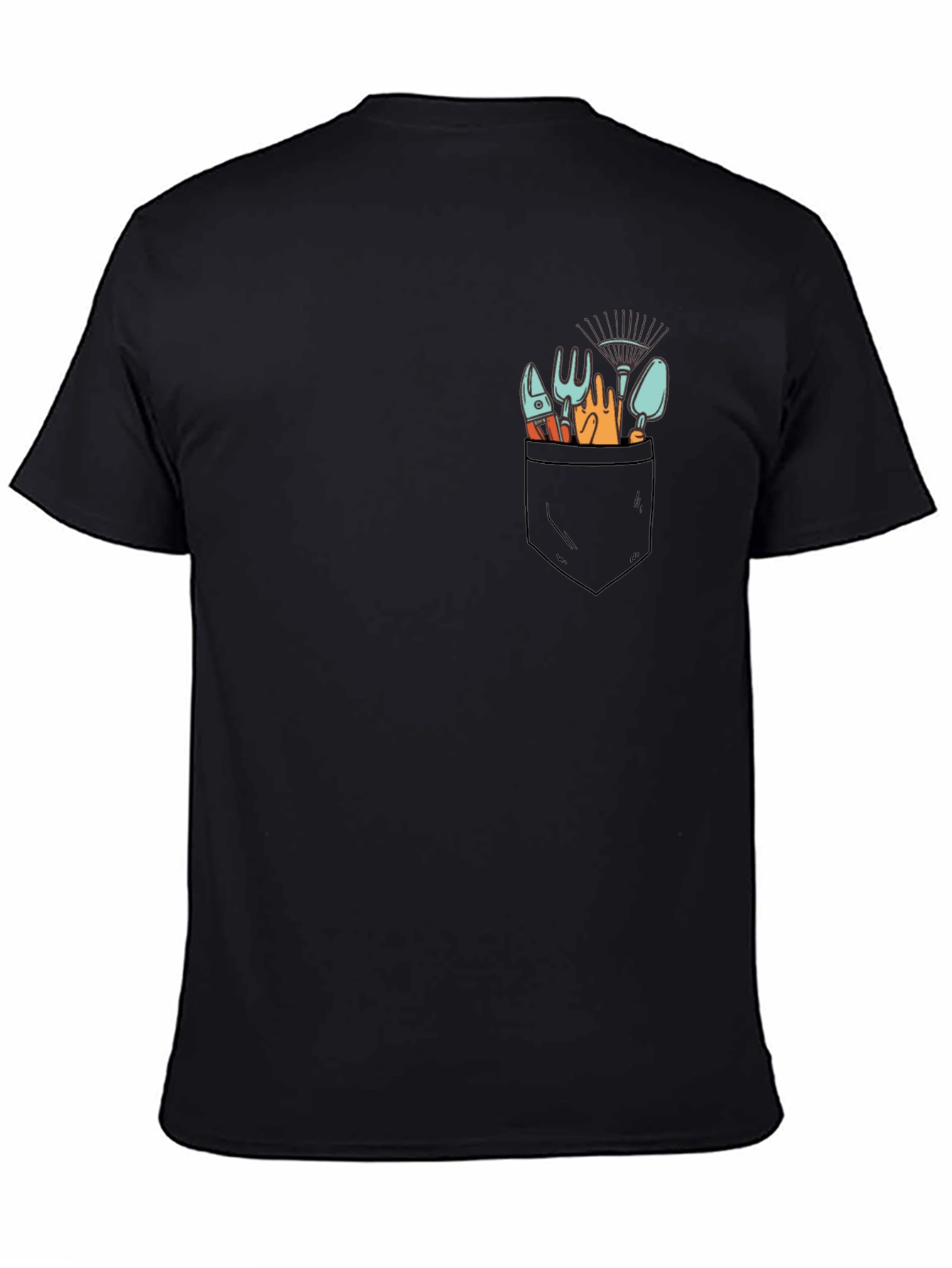 Gardening Tools Pocket Print Black T-Shirt