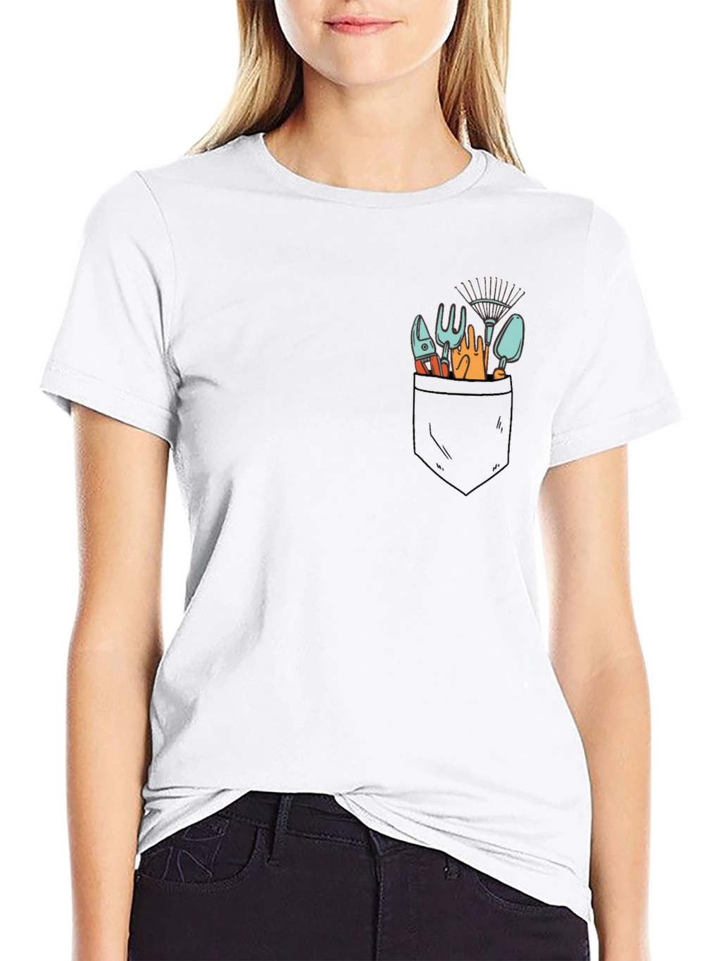 Gardening Tools Pocket Print Black T-Shirt