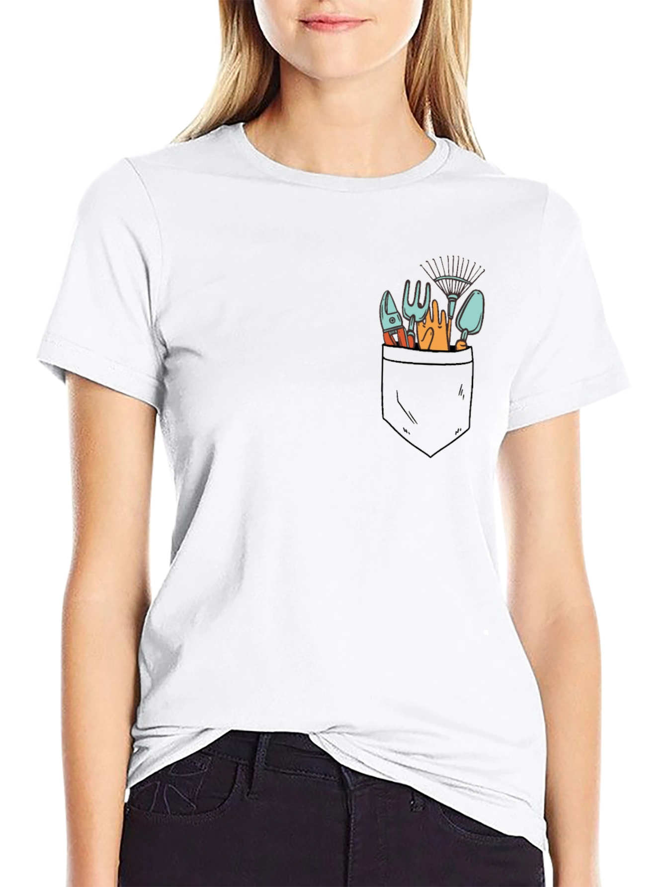 Gardening Tools Pocket Print Black T-Shirt