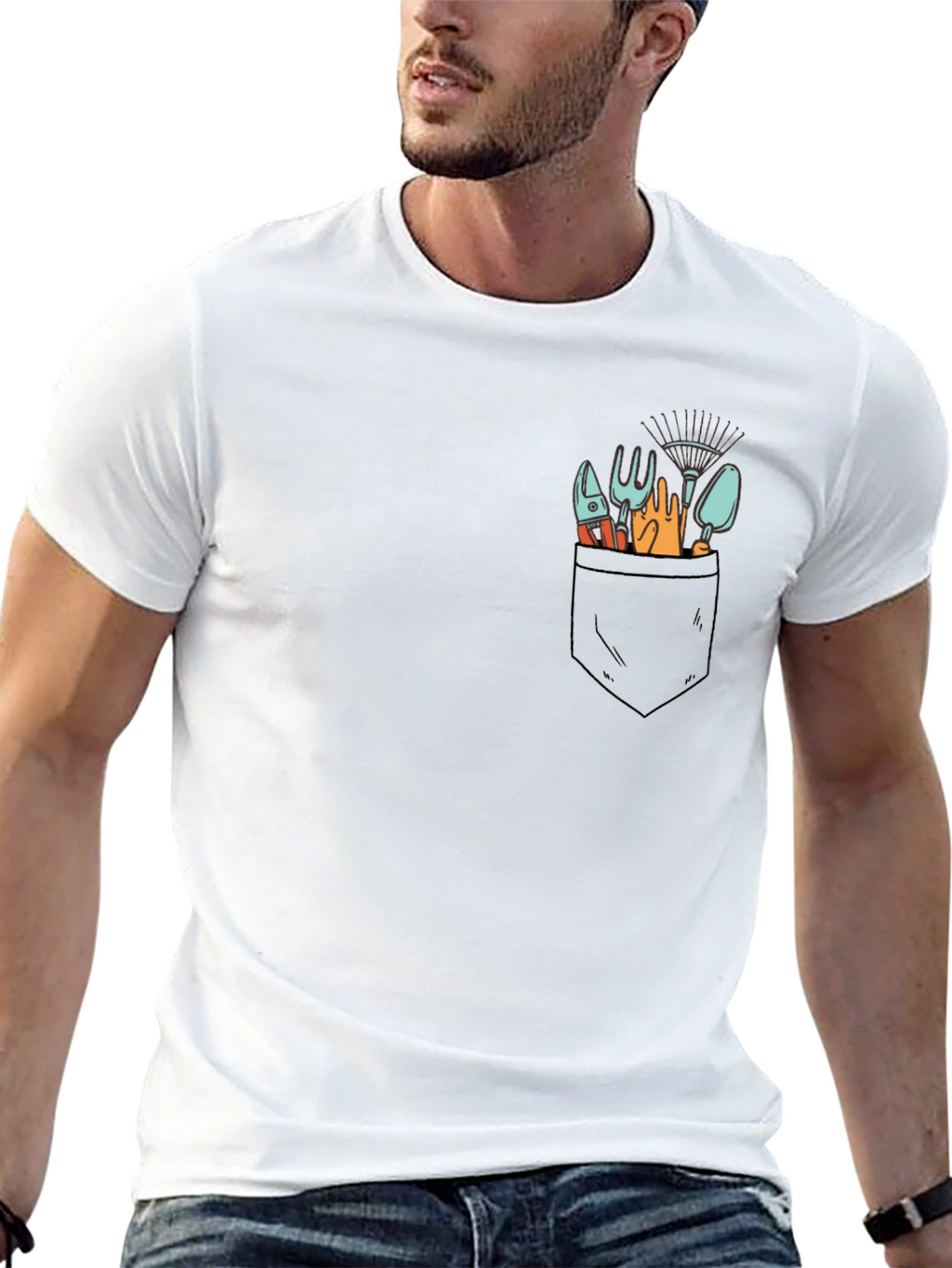 Gardening Tools Pocket Print Black T-Shirt