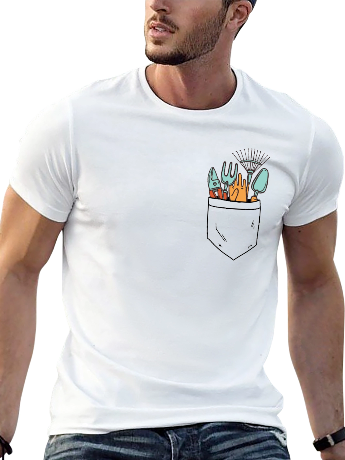 Gardening Tools Pocket Print Black T-Shirt