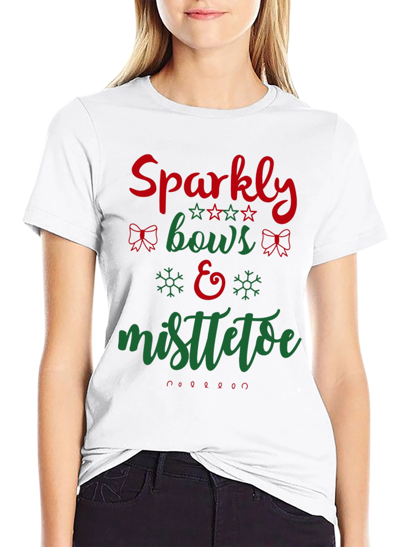 Festive Holiday Sparkly Bows & Mistletoe Graphic Tee