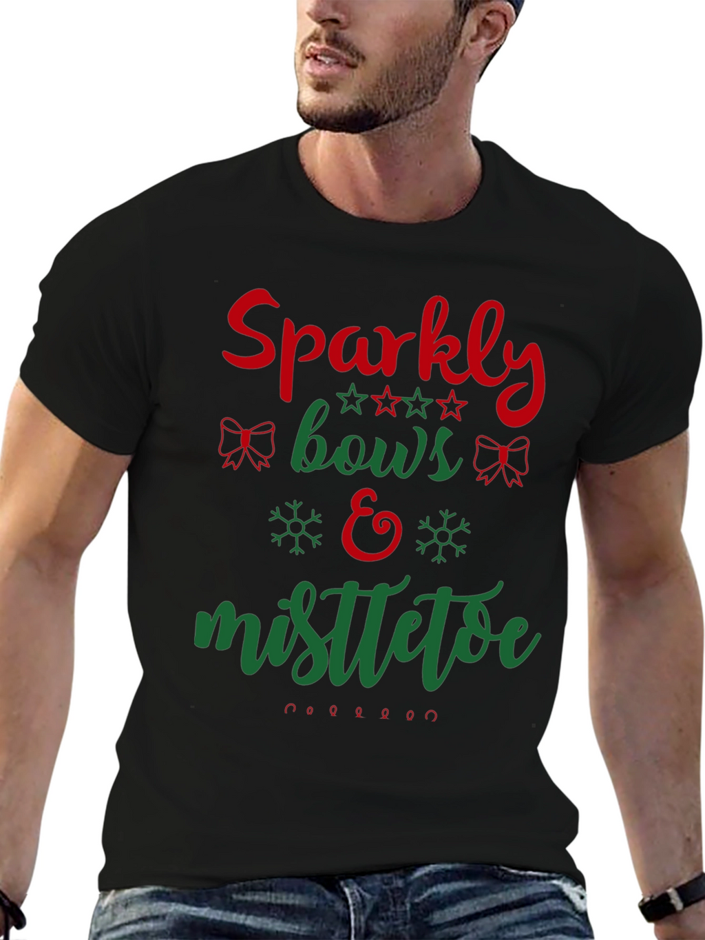 Festive Holiday Sparkly Bows & Mistletoe Graphic Tee