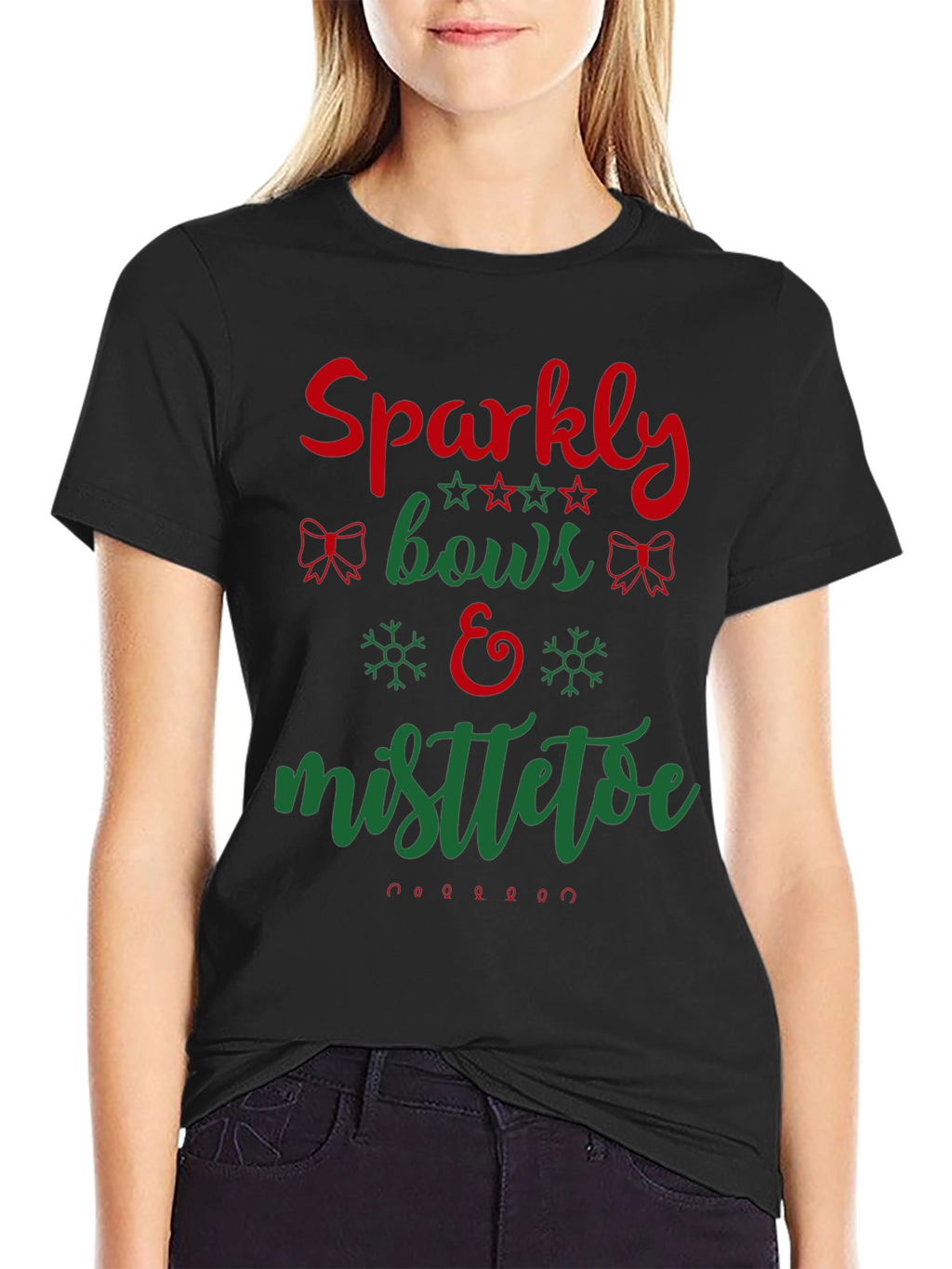 Festive Holiday Sparkly Bows & Mistletoe Graphic Tee