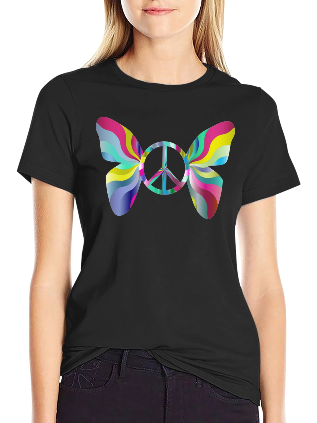 Psychedelic Peace Butterfly Graphic Tee - Black