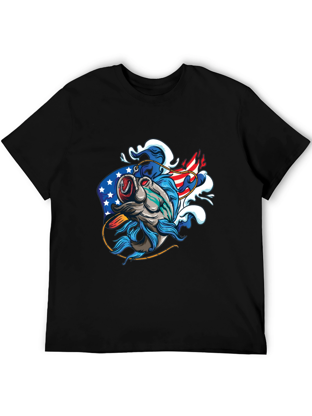 Patriotic Fish Graphic Tee - Black Cotton T-Shirt