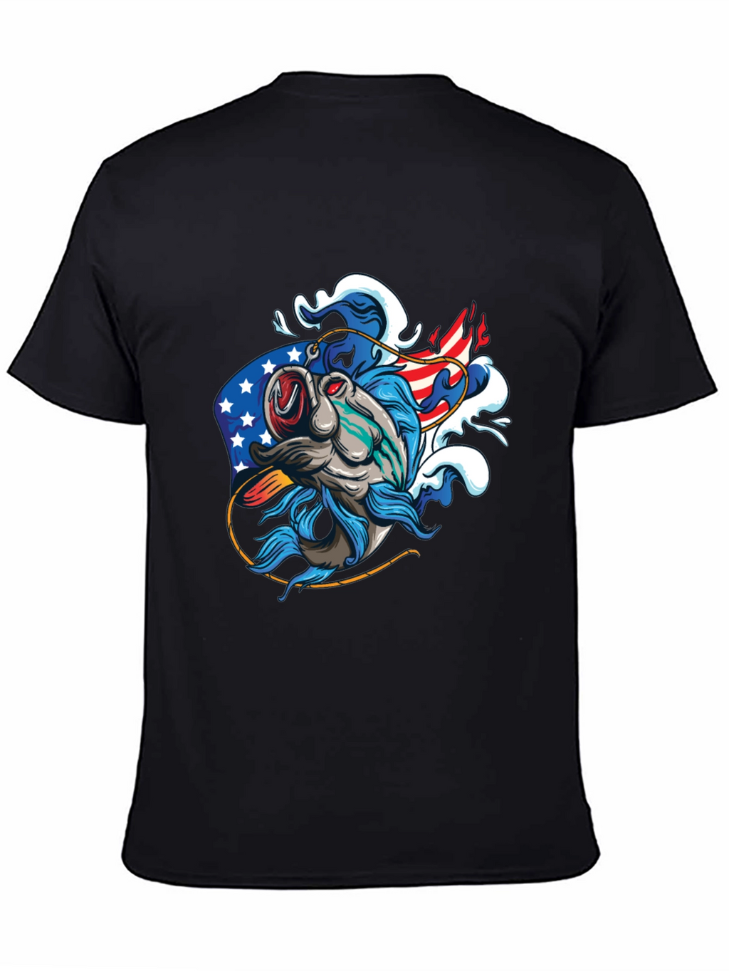 Patriotic Fish Graphic Tee - Black Cotton T-Shirt