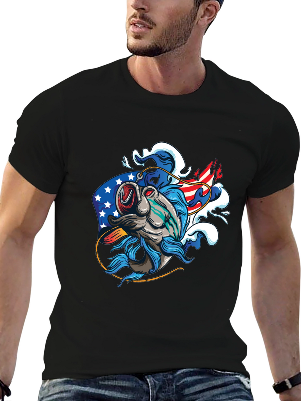 Patriotic Fish Graphic Tee - Black Cotton T-Shirt