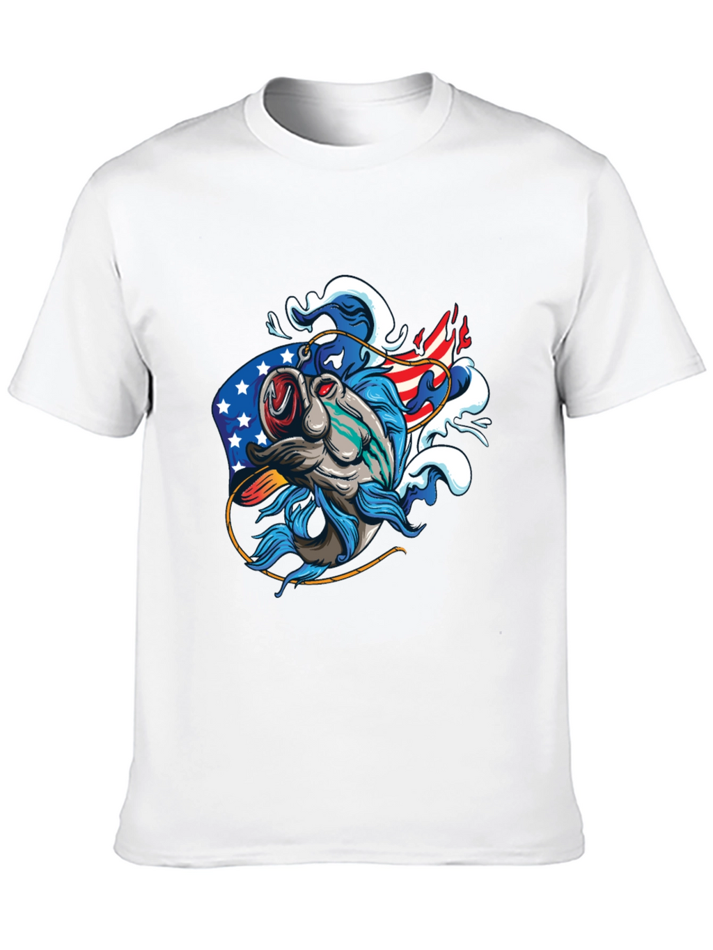 Patriotic Fish Graphic Tee - Black Cotton T-Shirt