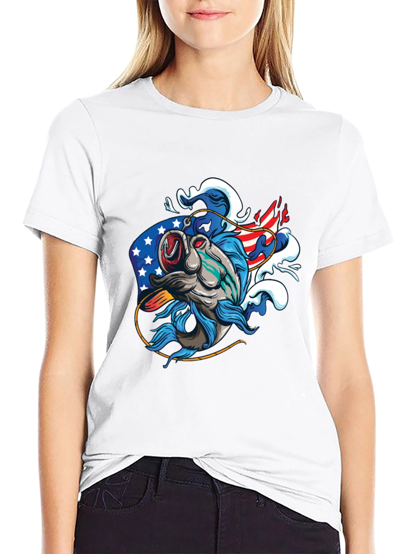 Patriotic Fish Graphic Tee - Black Cotton T-Shirt