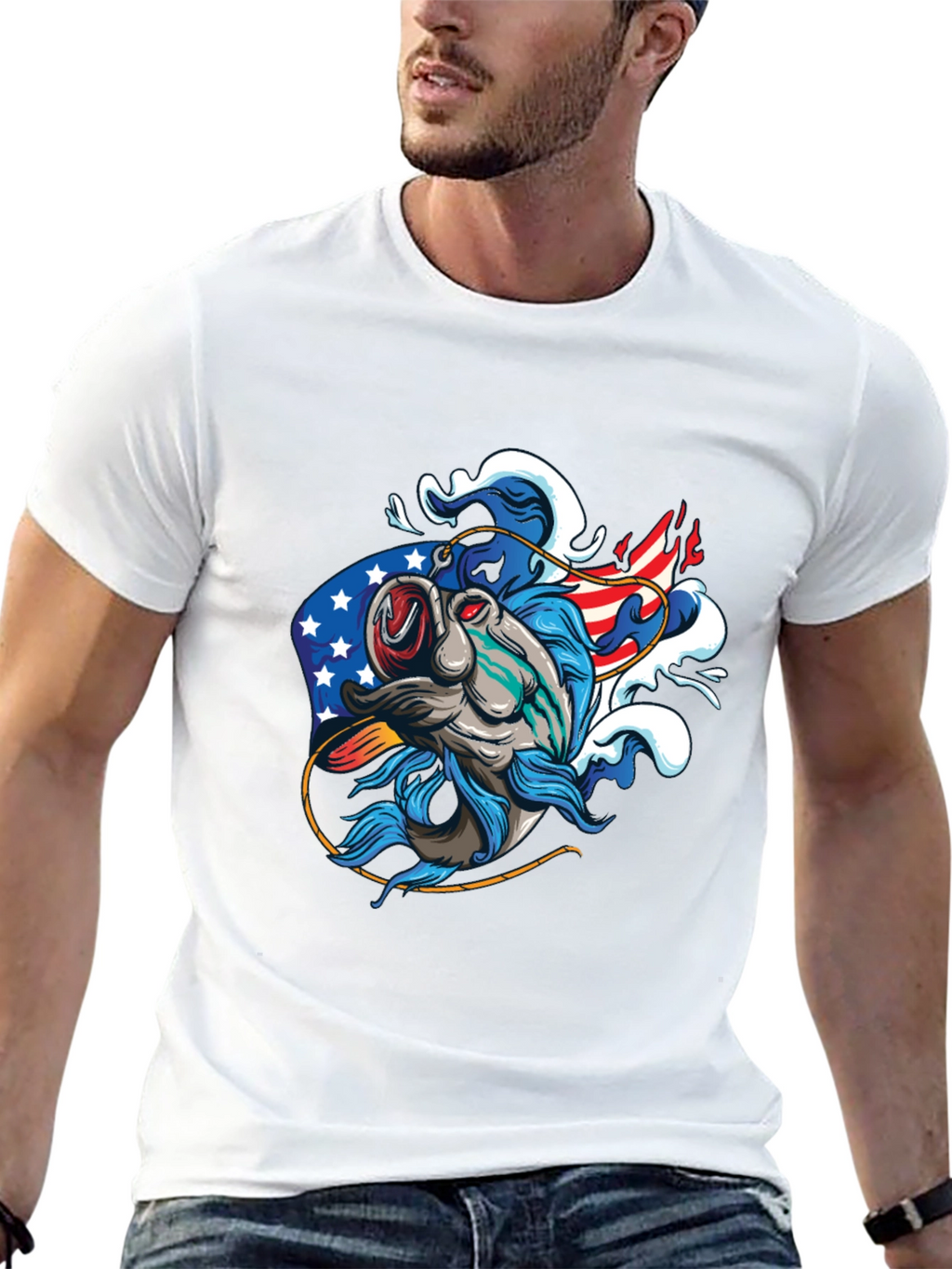 Patriotic Fish Graphic Tee - Black Cotton T-Shirt