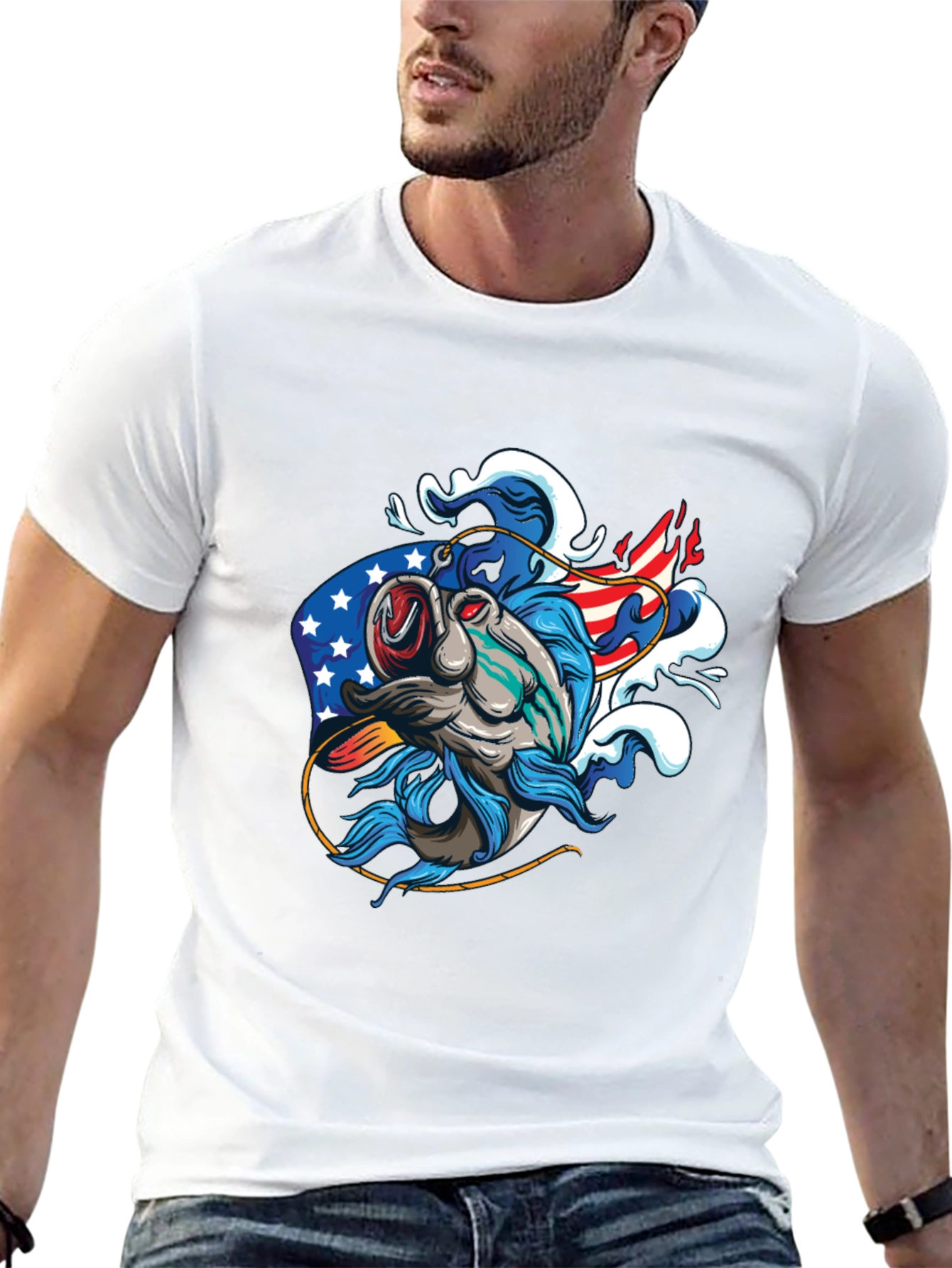 Patriotic Fish Graphic Tee - Black Cotton T-Shirt