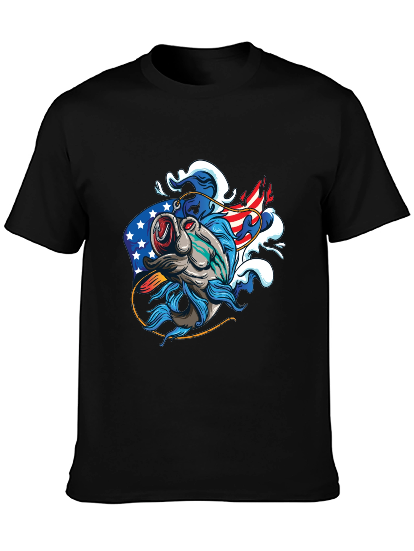 Patriotic Fish Graphic Tee - Black Cotton T-Shirt