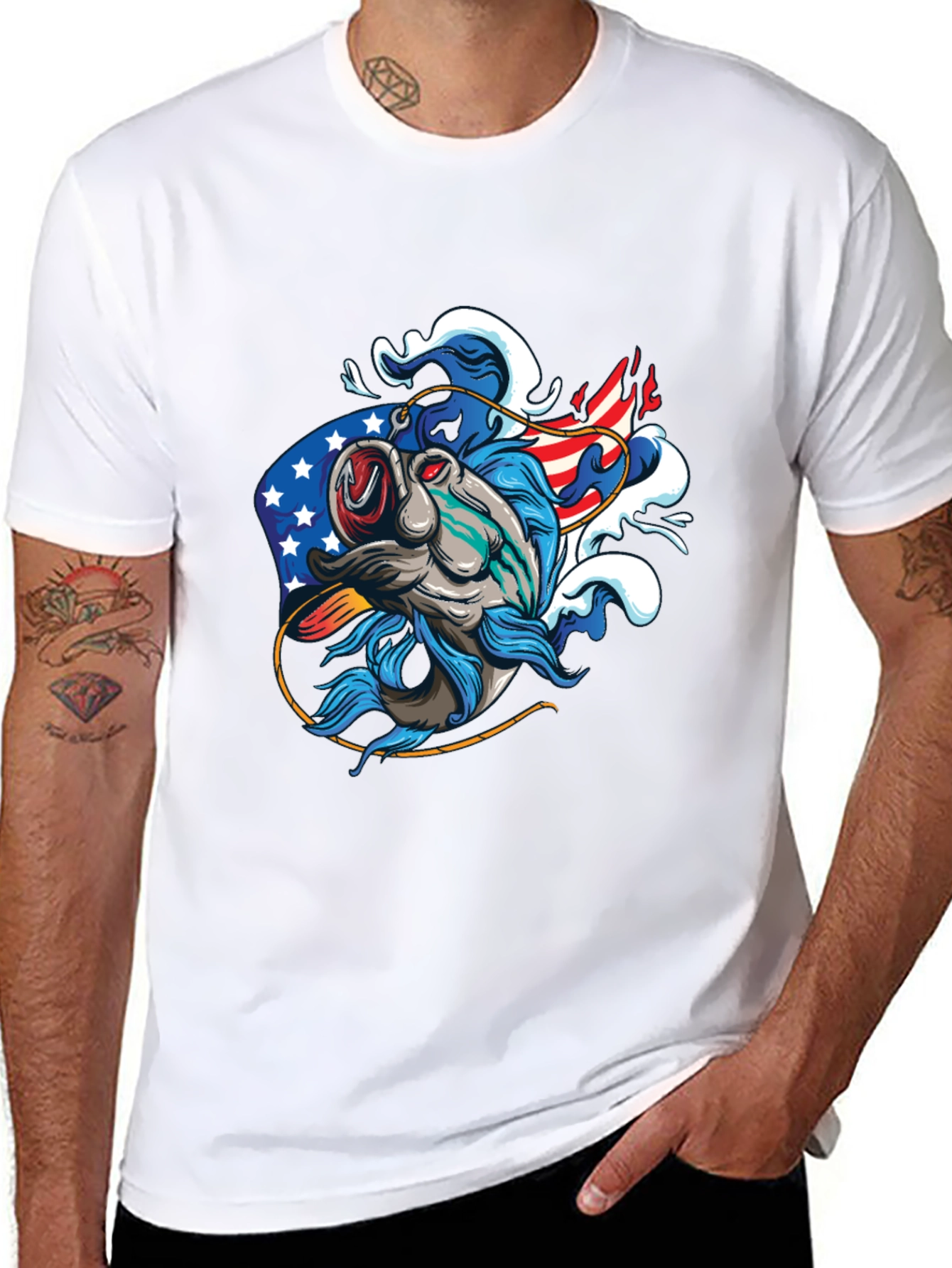 Patriotic Fish Graphic Tee - Black Cotton T-Shirt