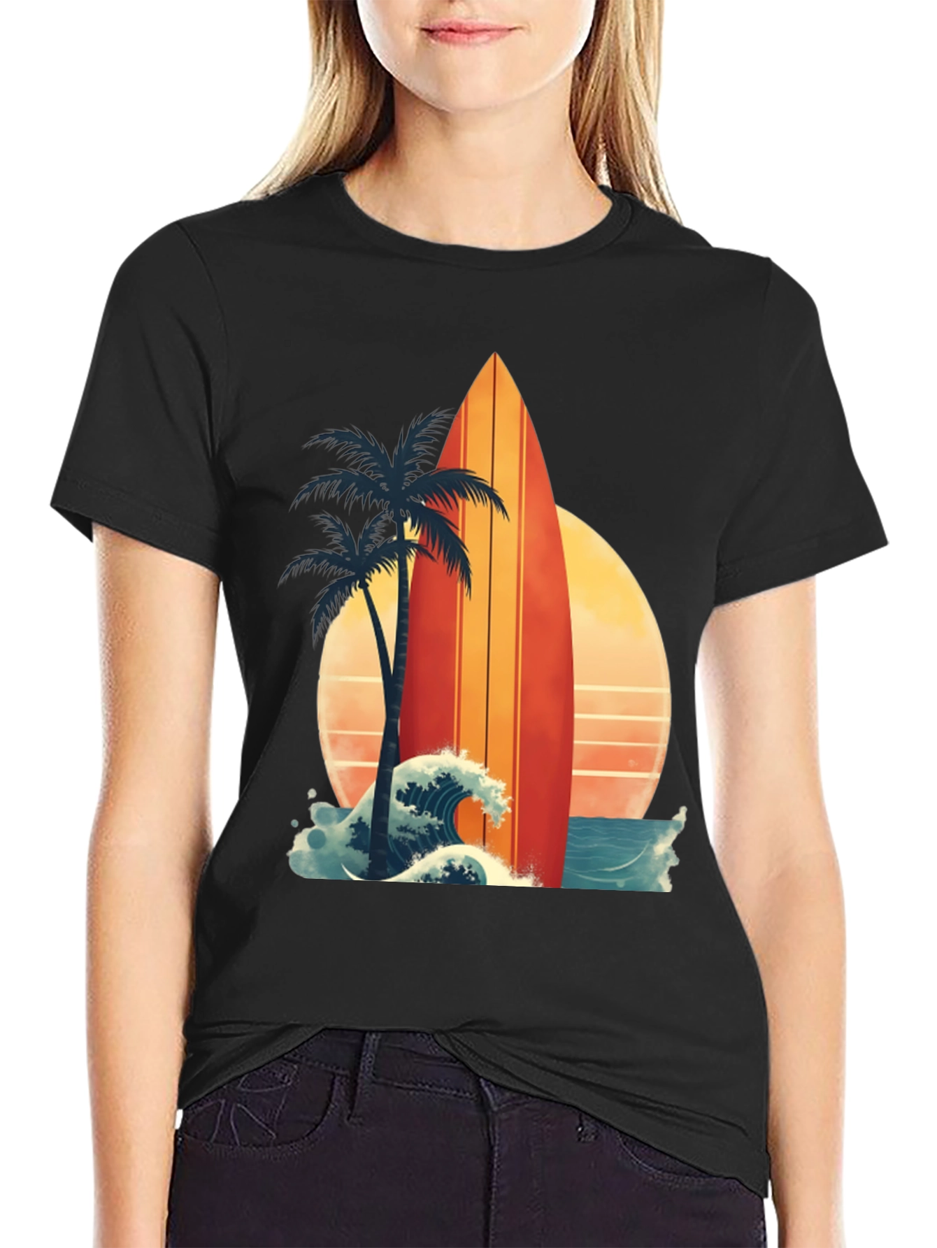 Retro Surfboard Palm Tee - Beach Vibes