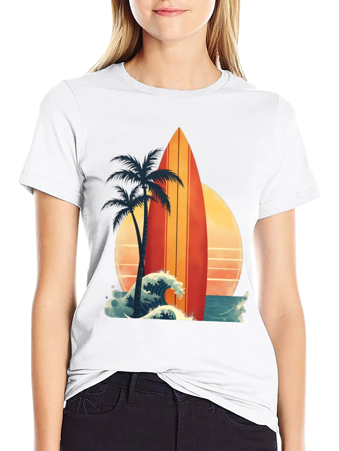 Retro Surfboard Palm Tee - Beach Vibes