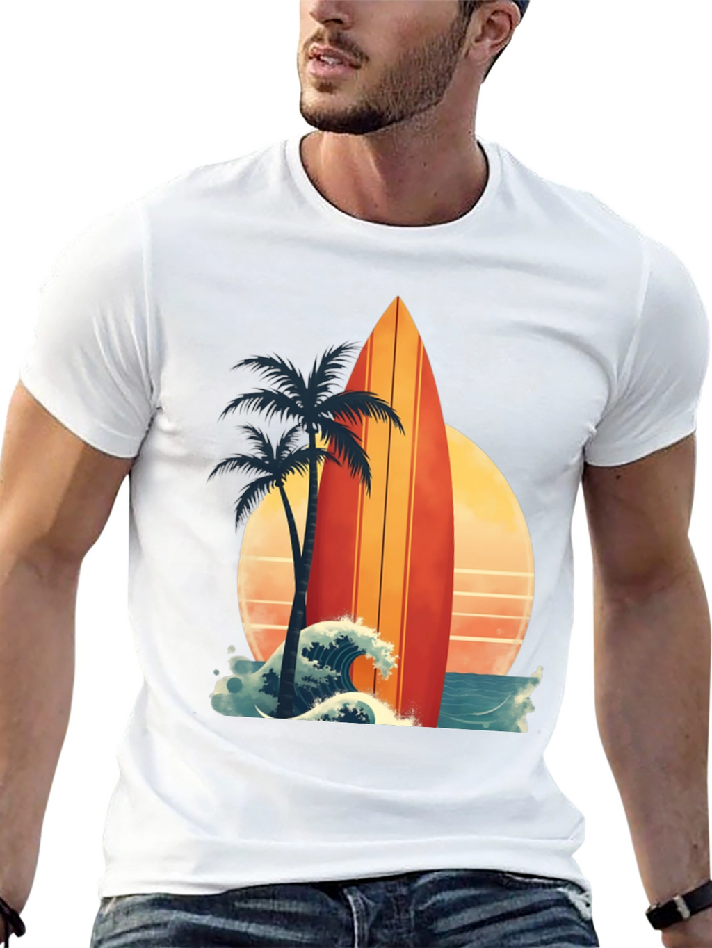 Retro Surfboard Palm Tee - Beach Vibes