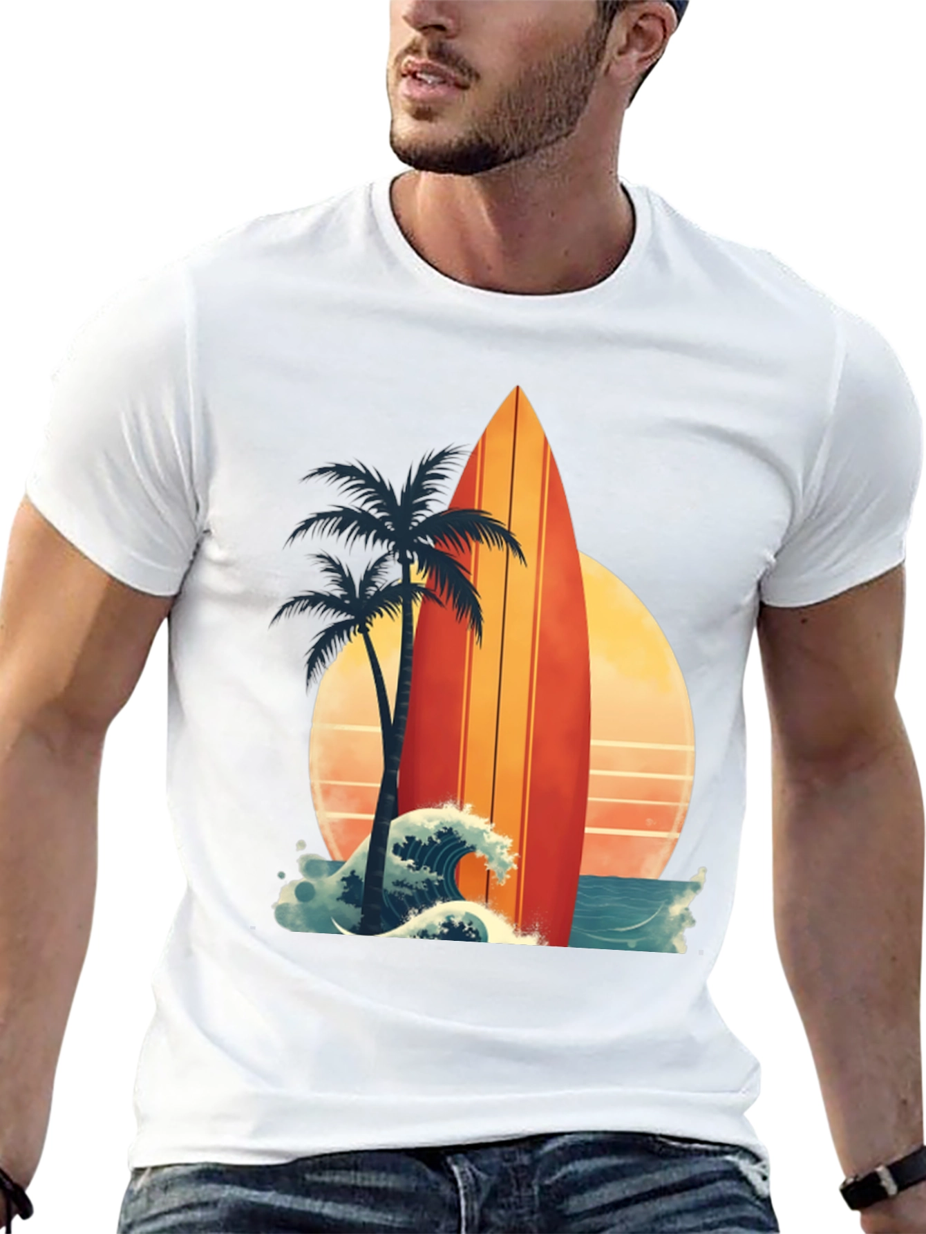 Retro Surfboard Palm Tee - Beach Vibes