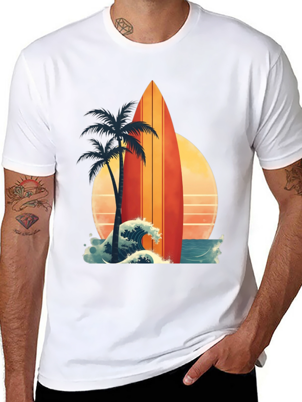 Retro Surfboard Palm Tee - Beach Vibes