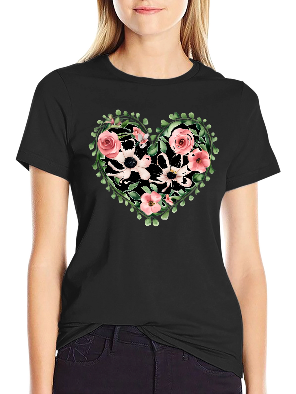 Floral Heart Graphic Tee - Black