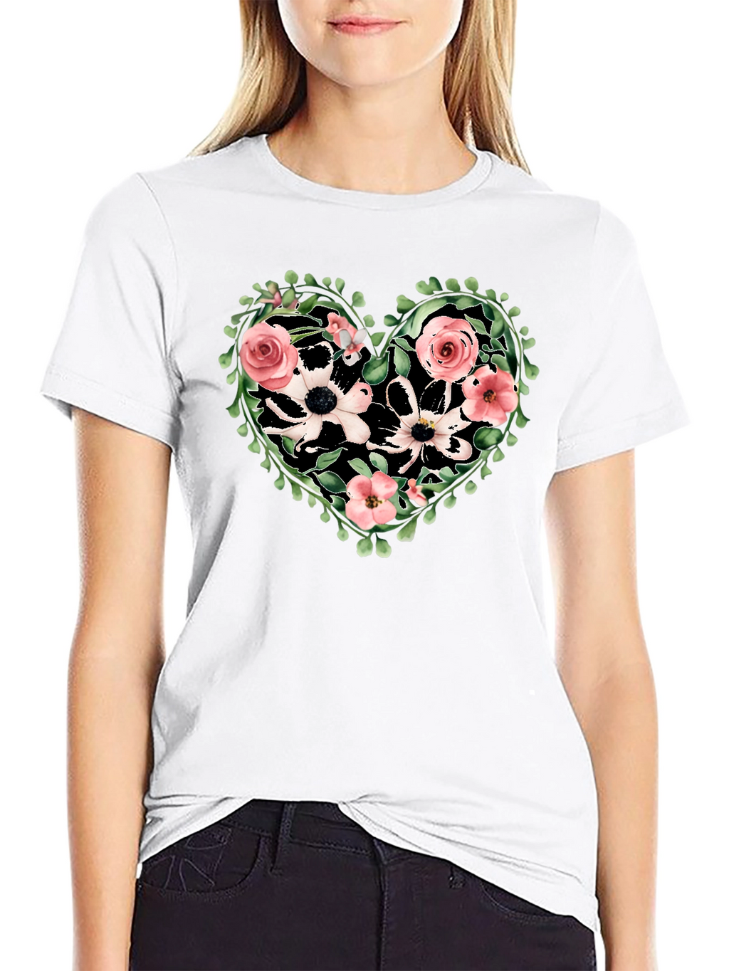 Floral Heart Graphic Tee - Black