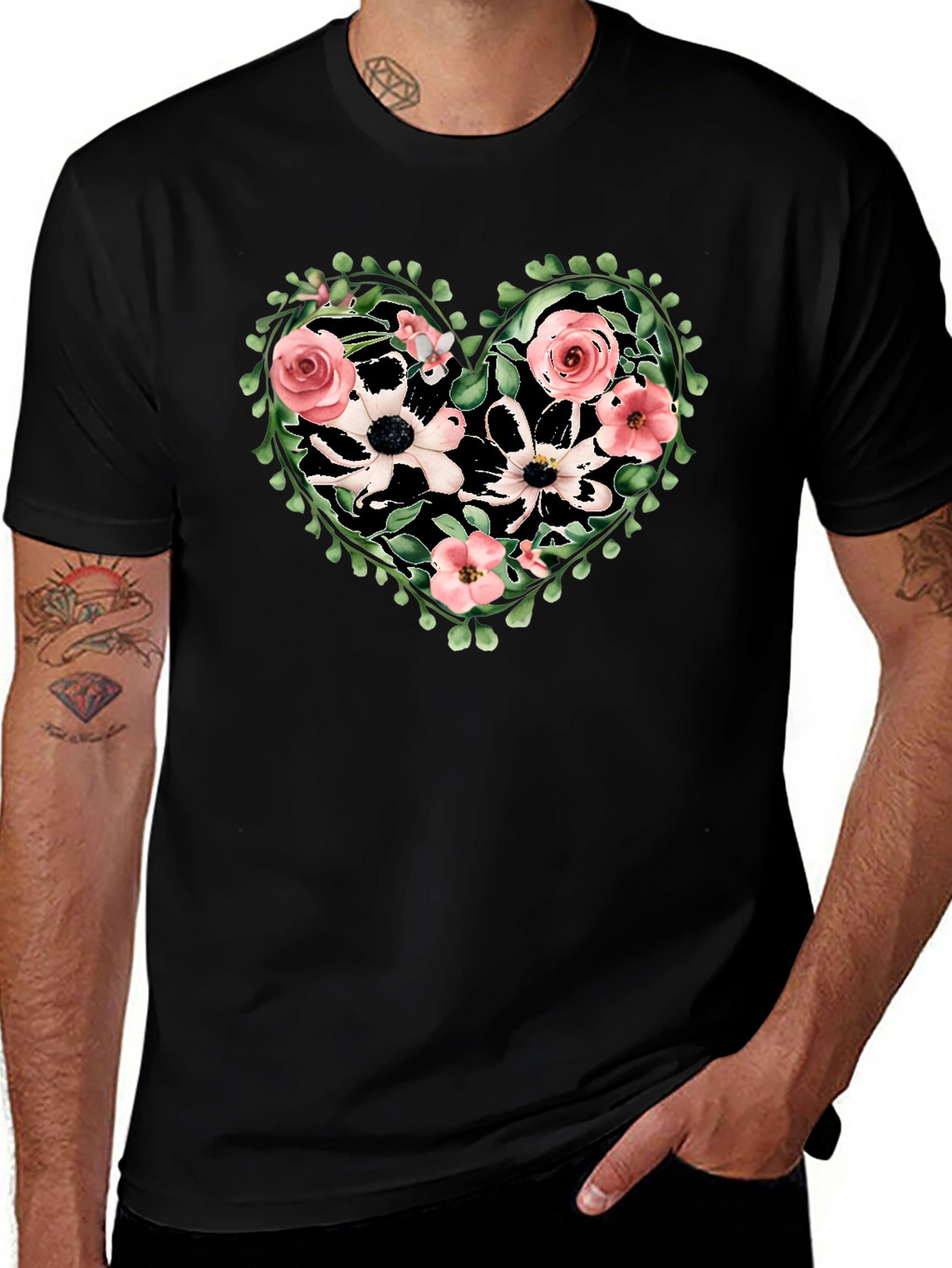 Floral Heart Graphic Tee - Black