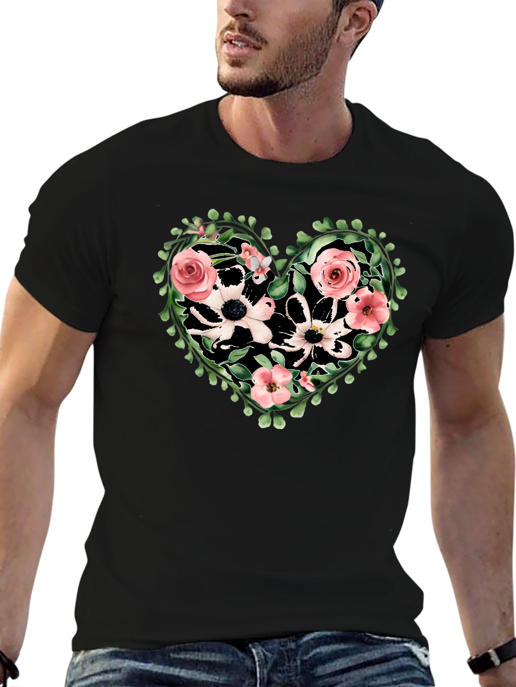 Floral Heart Graphic Tee - Black