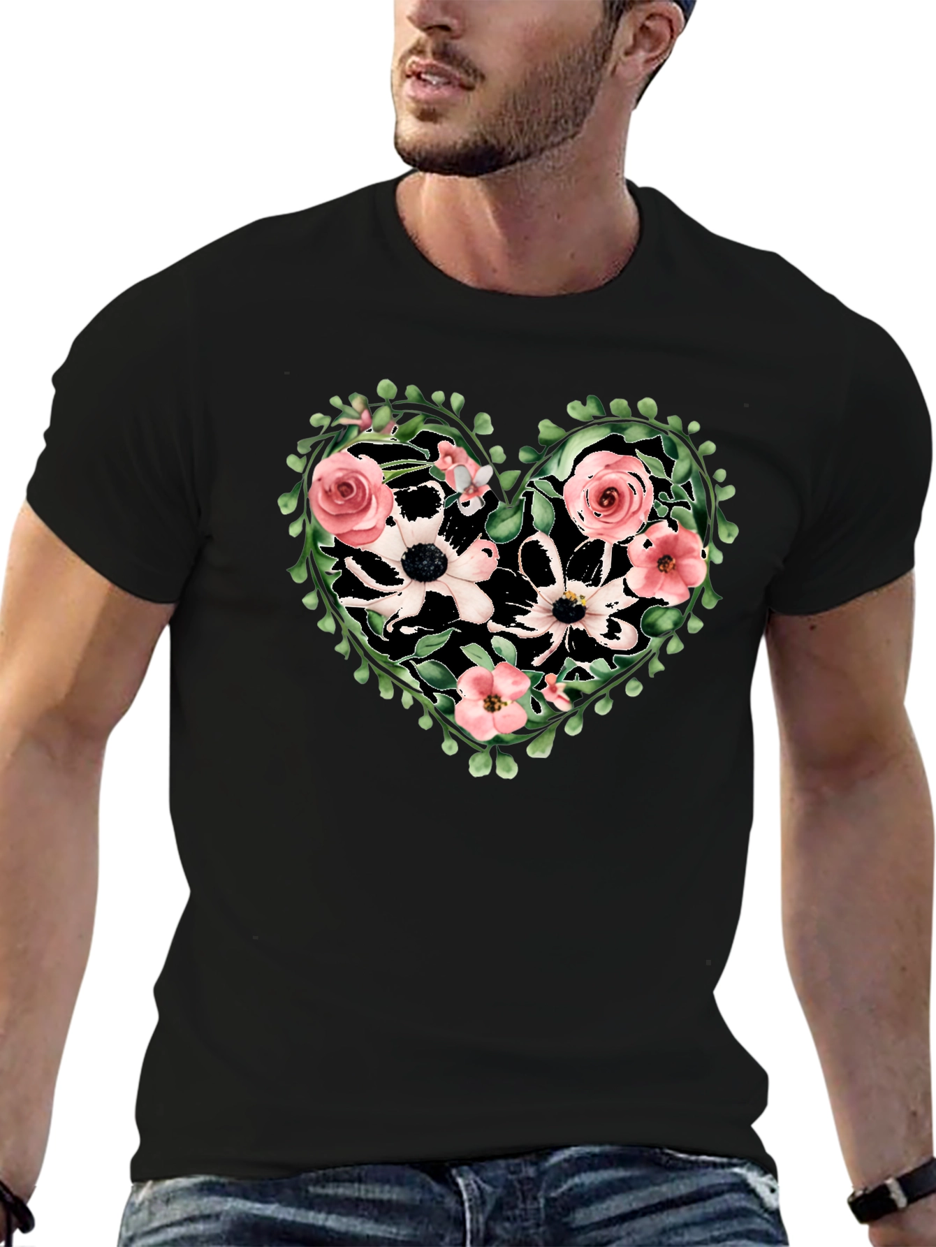 Floral Heart Graphic Tee - Black