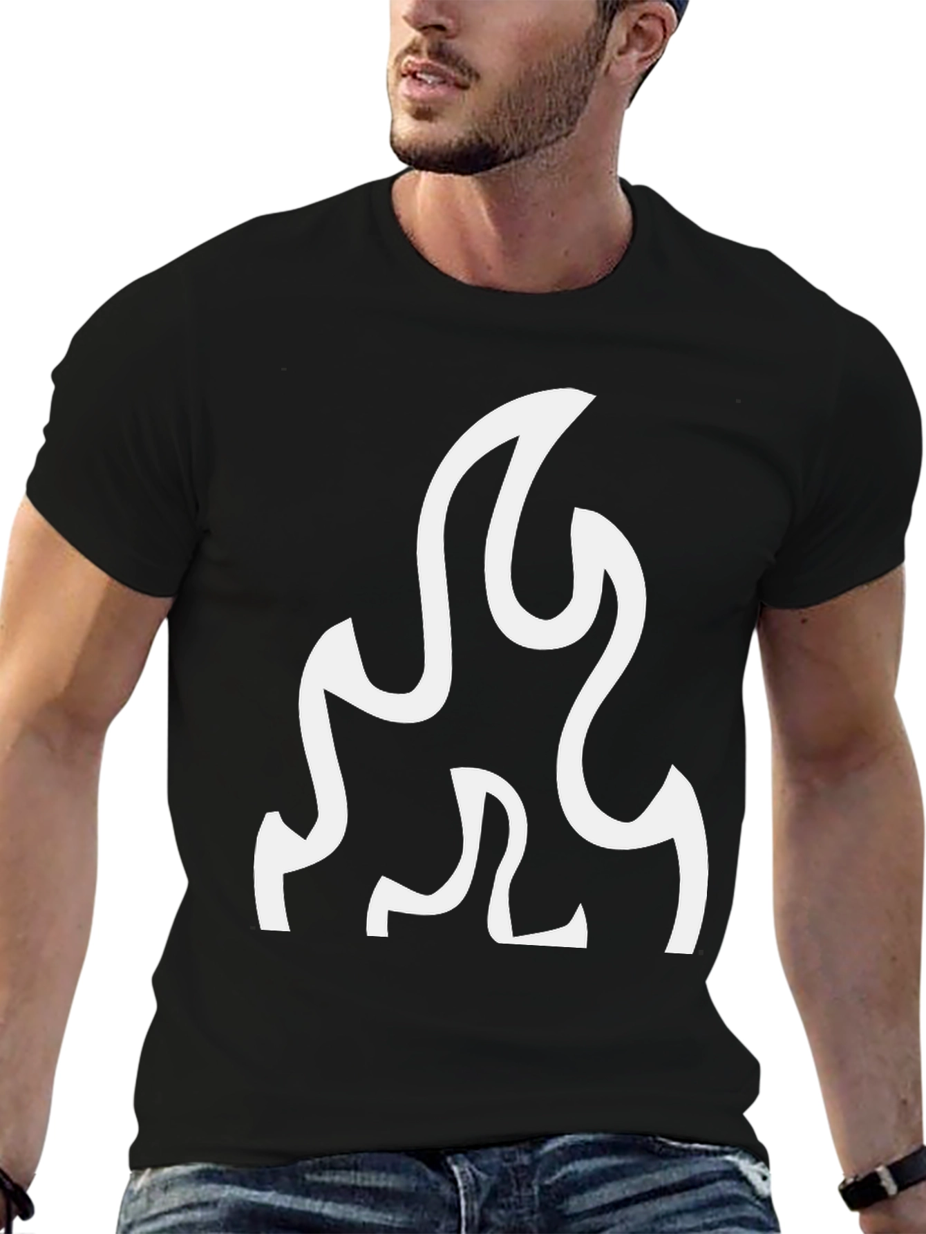 Black T-Shirt with White Flame Graphic