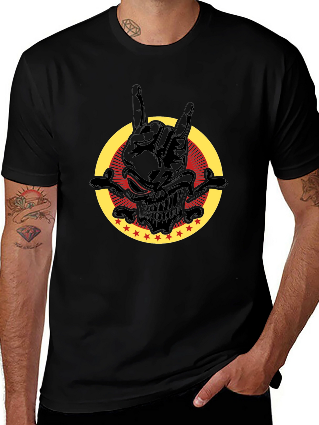 Rock On Skull Graphic Tee - Black Cotton T-Shirt