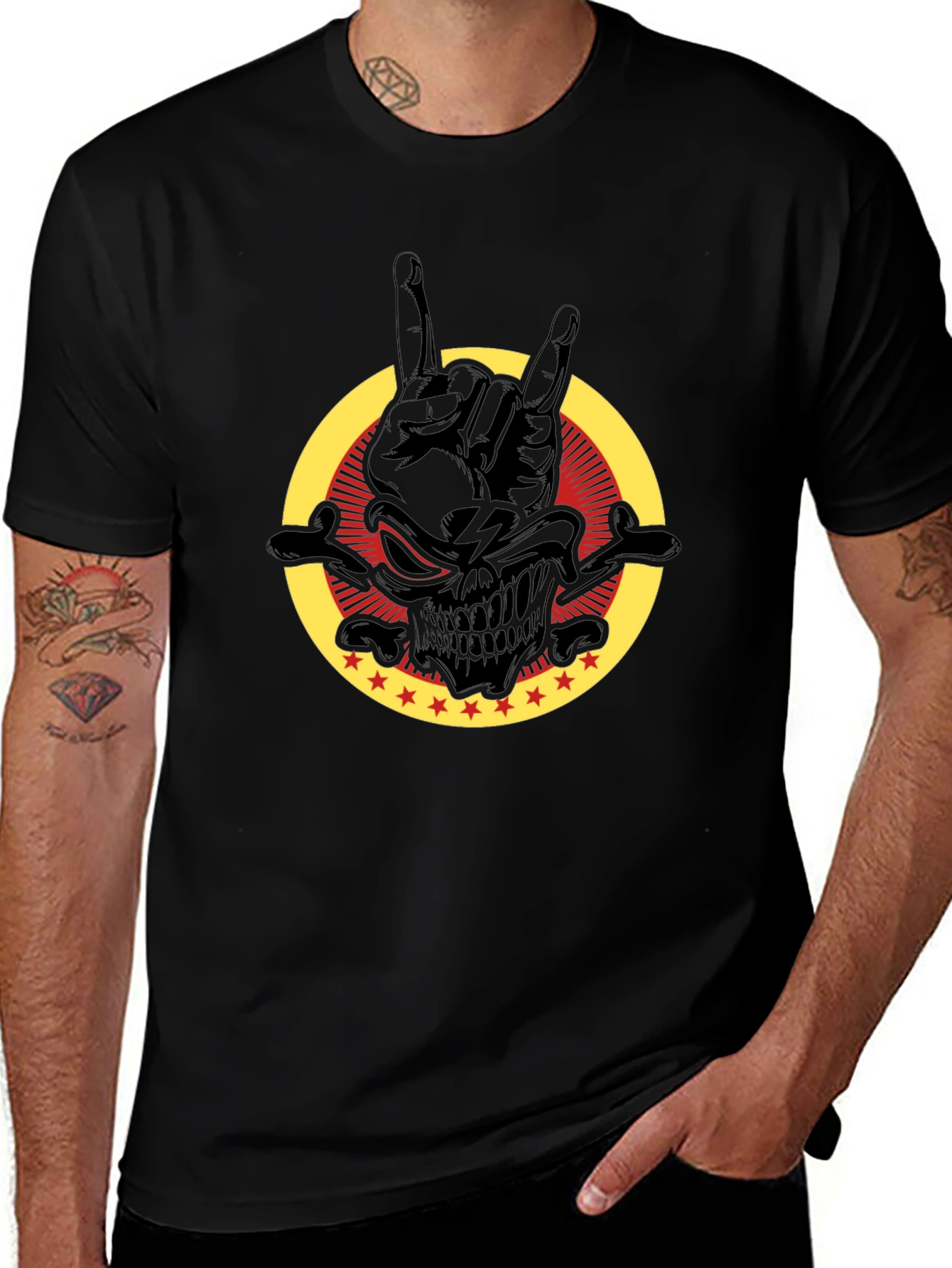 Rock On Skull Graphic Tee - Black Cotton T-Shirt