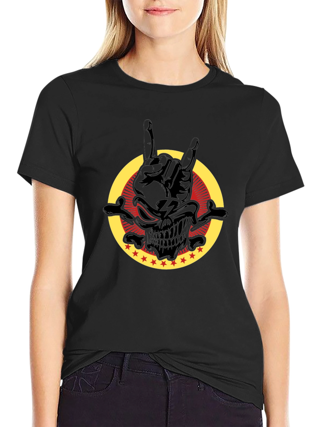 Rock On Skull Graphic Tee - Black Cotton T-Shirt