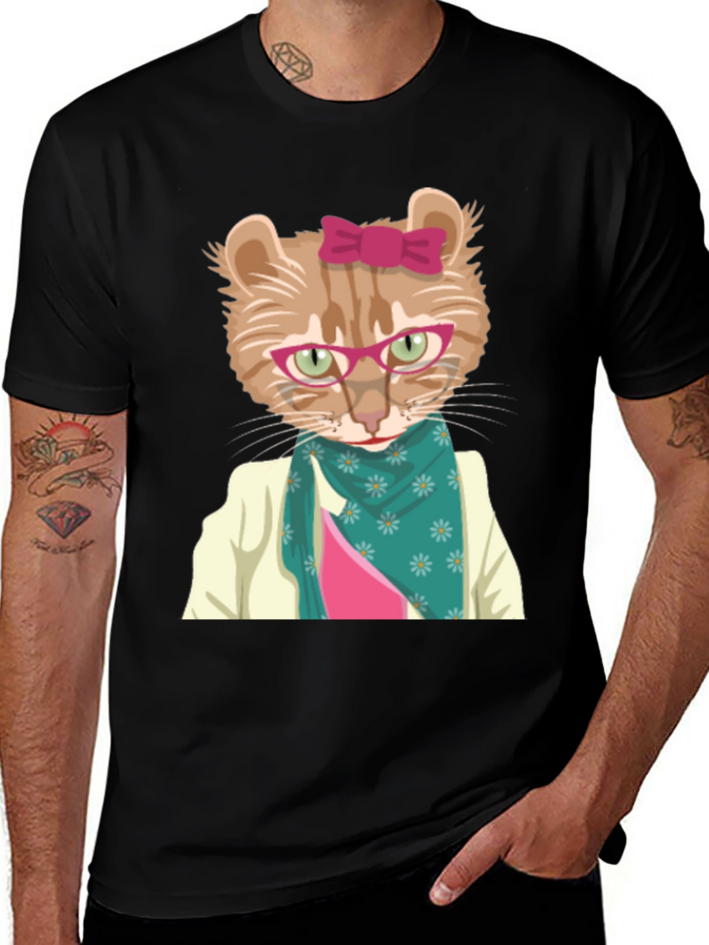 Funny Cat T-Shirt with Glasses and Scarf