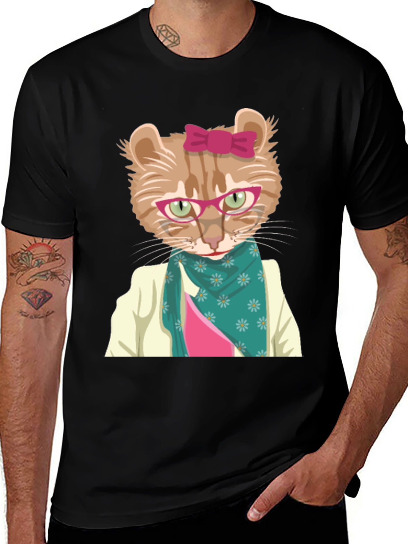 Funny Cat T-Shirt with Glasses and Scarf