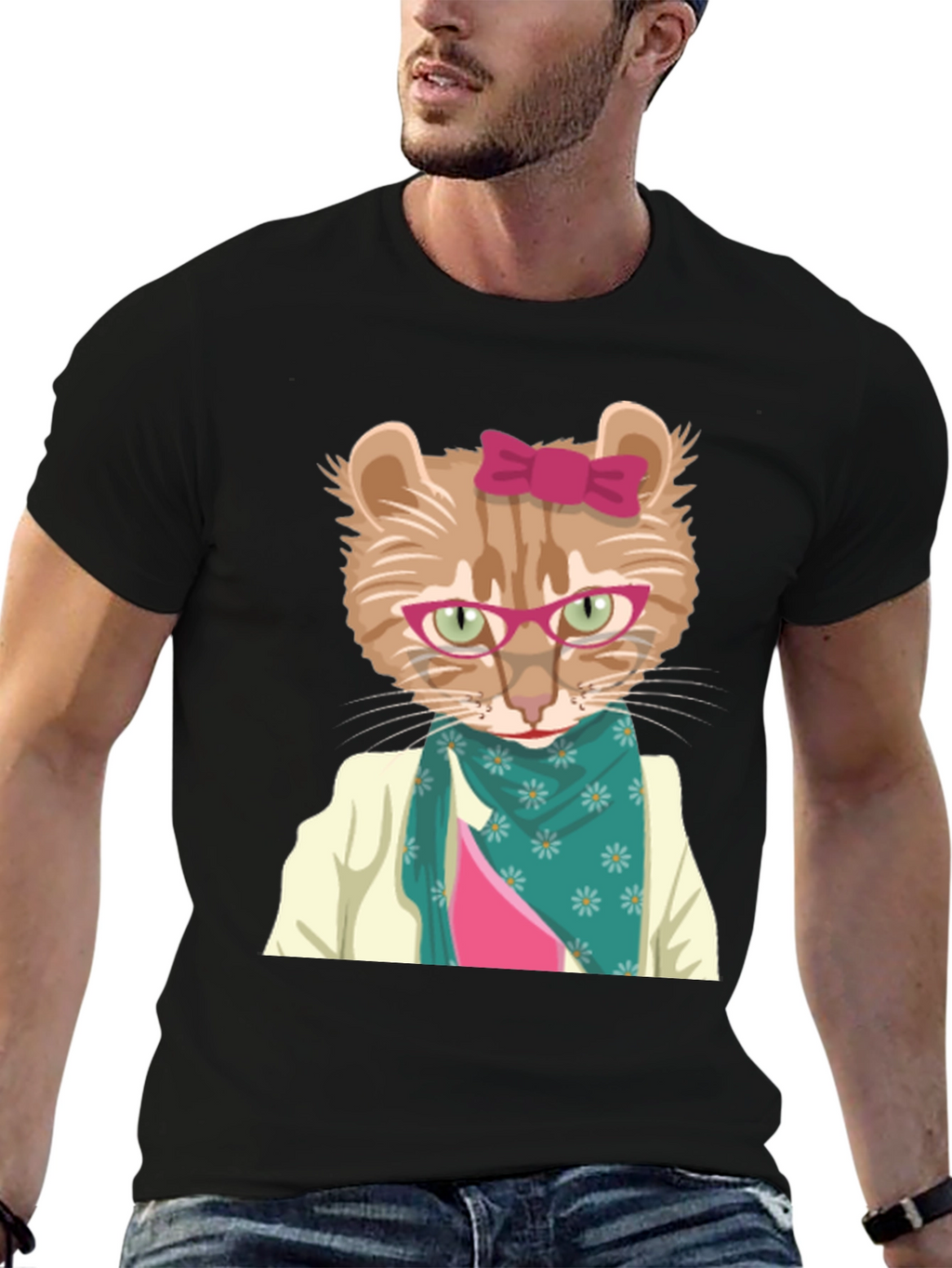 Funny Cat T-Shirt with Glasses and Scarf