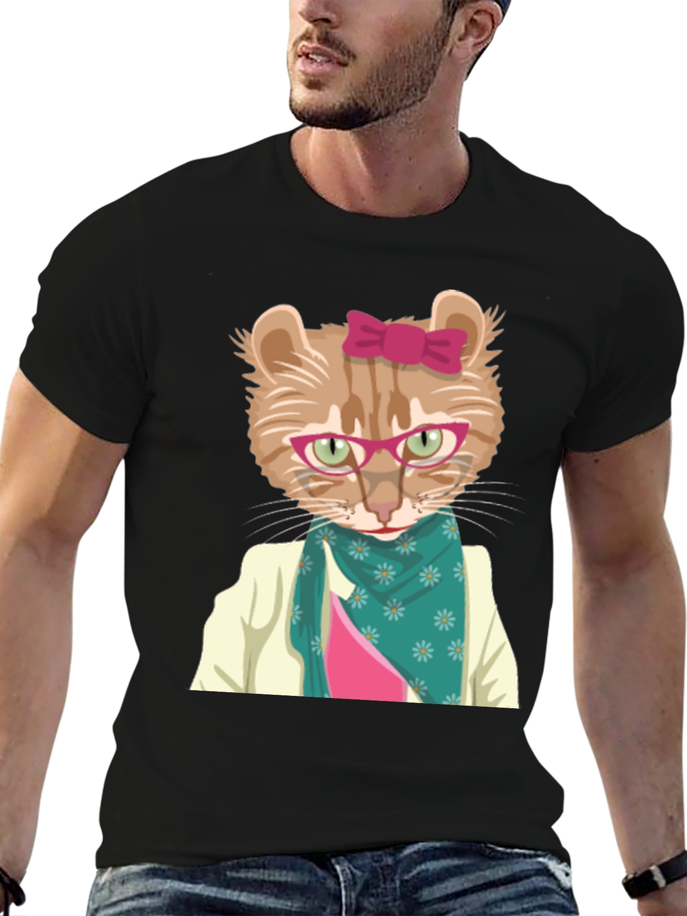 Funny Cat T-Shirt with Glasses and Scarf