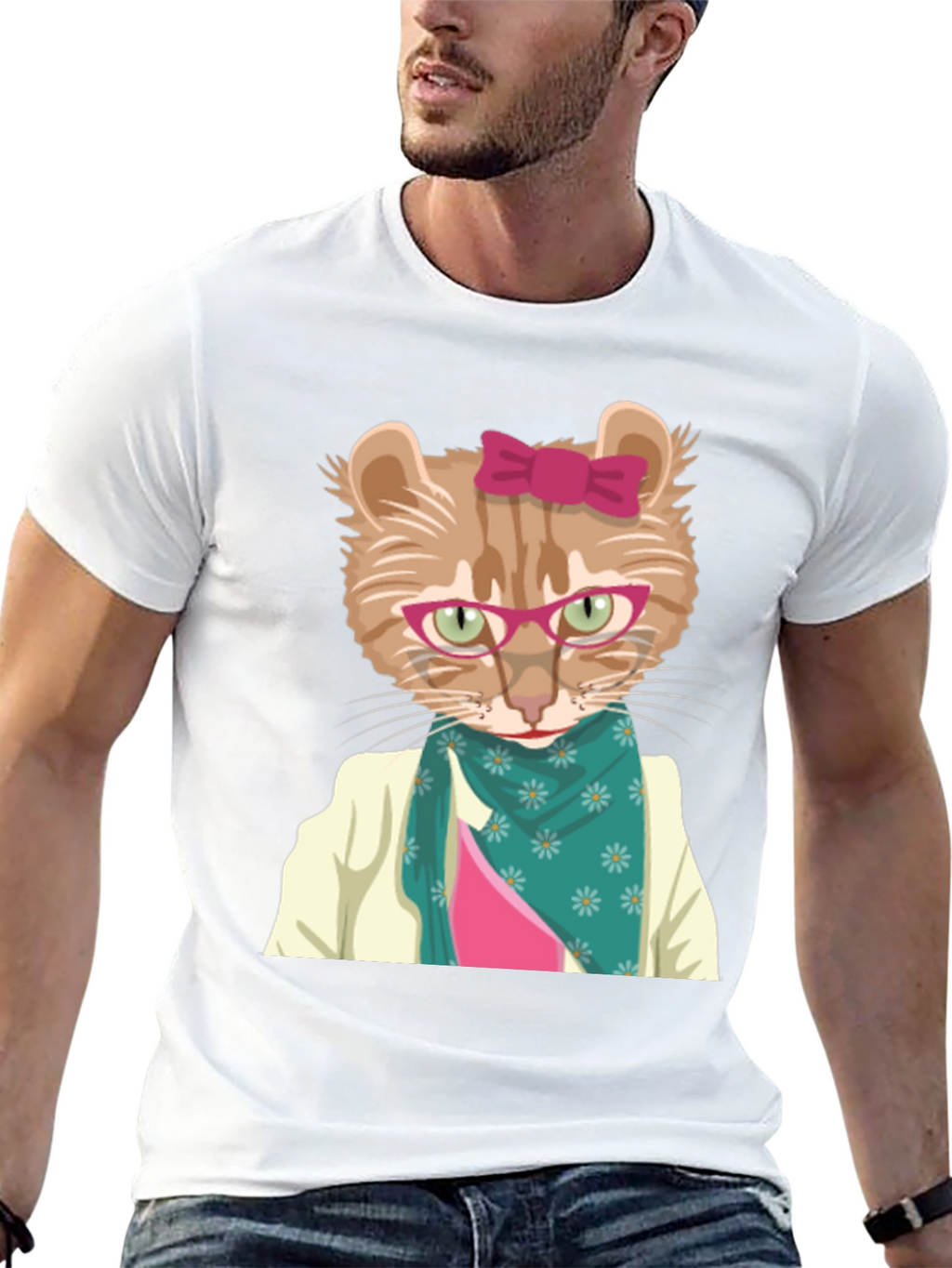 Funny Cat T-Shirt with Glasses and Scarf