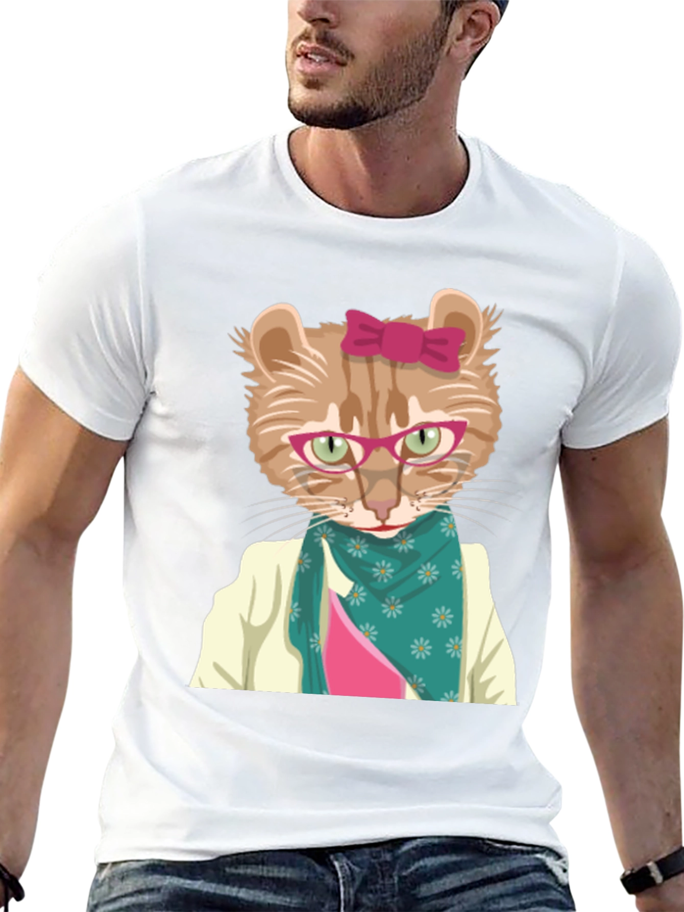 Funny Cat T-Shirt with Glasses and Scarf