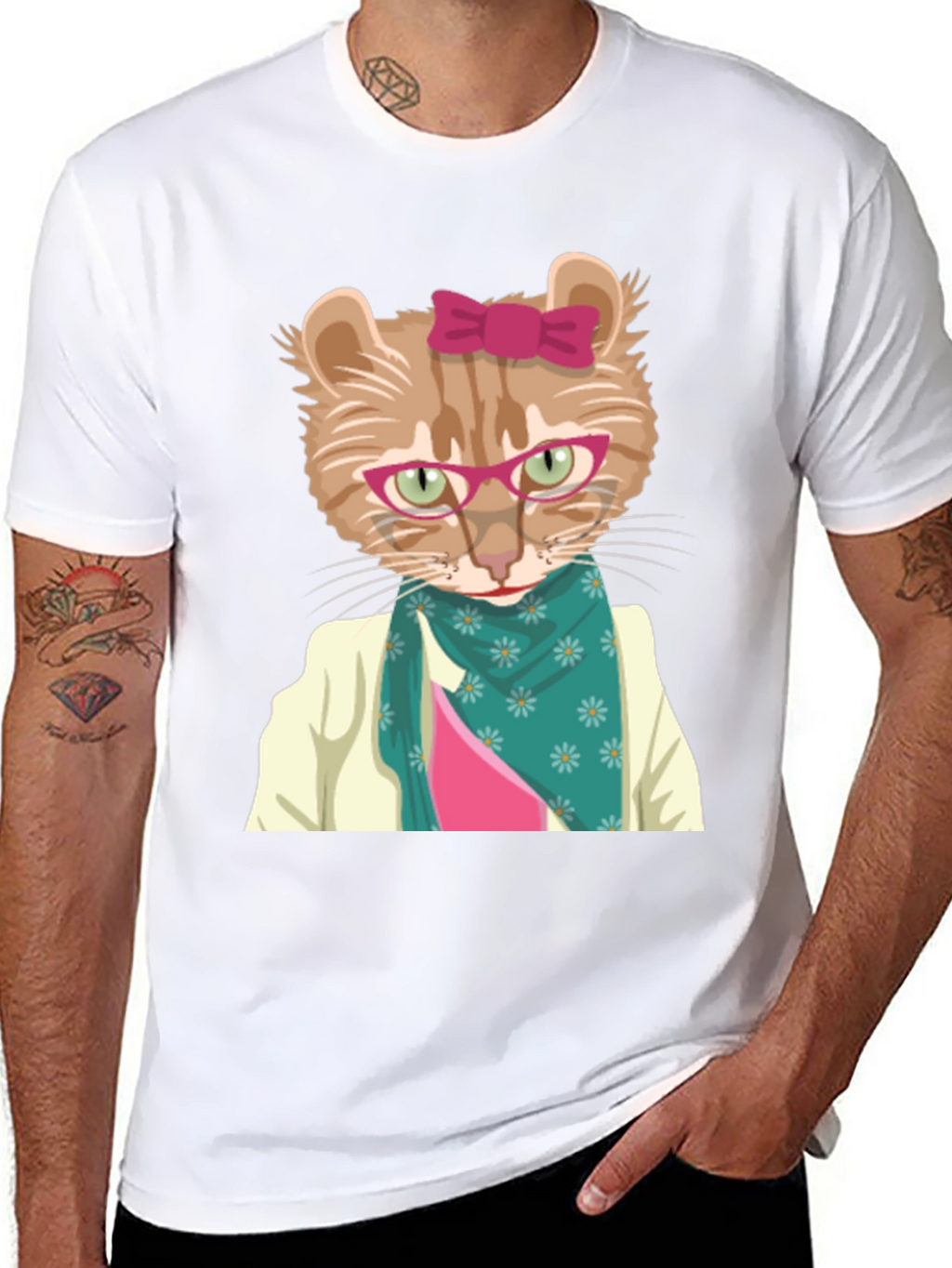 Funny Cat T-Shirt with Glasses and Scarf