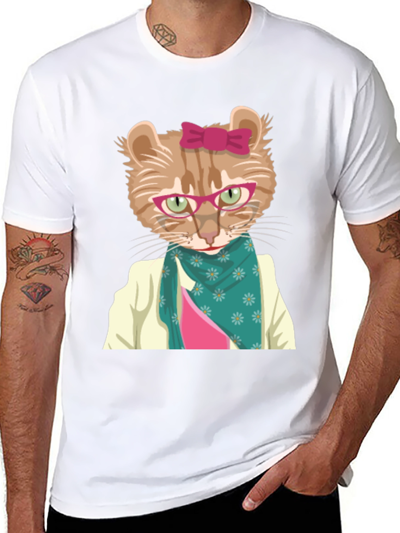 Funny Cat T-Shirt with Glasses and Scarf