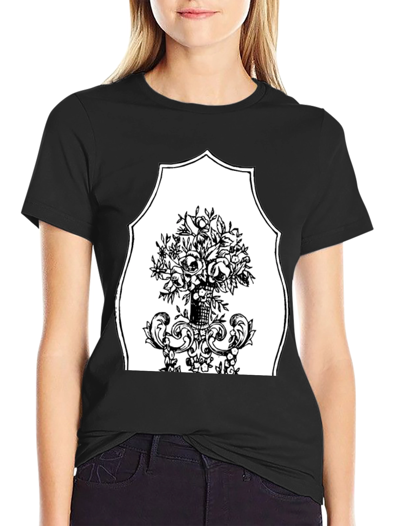 Black T-Shirt with Floral Bouquet Graphic