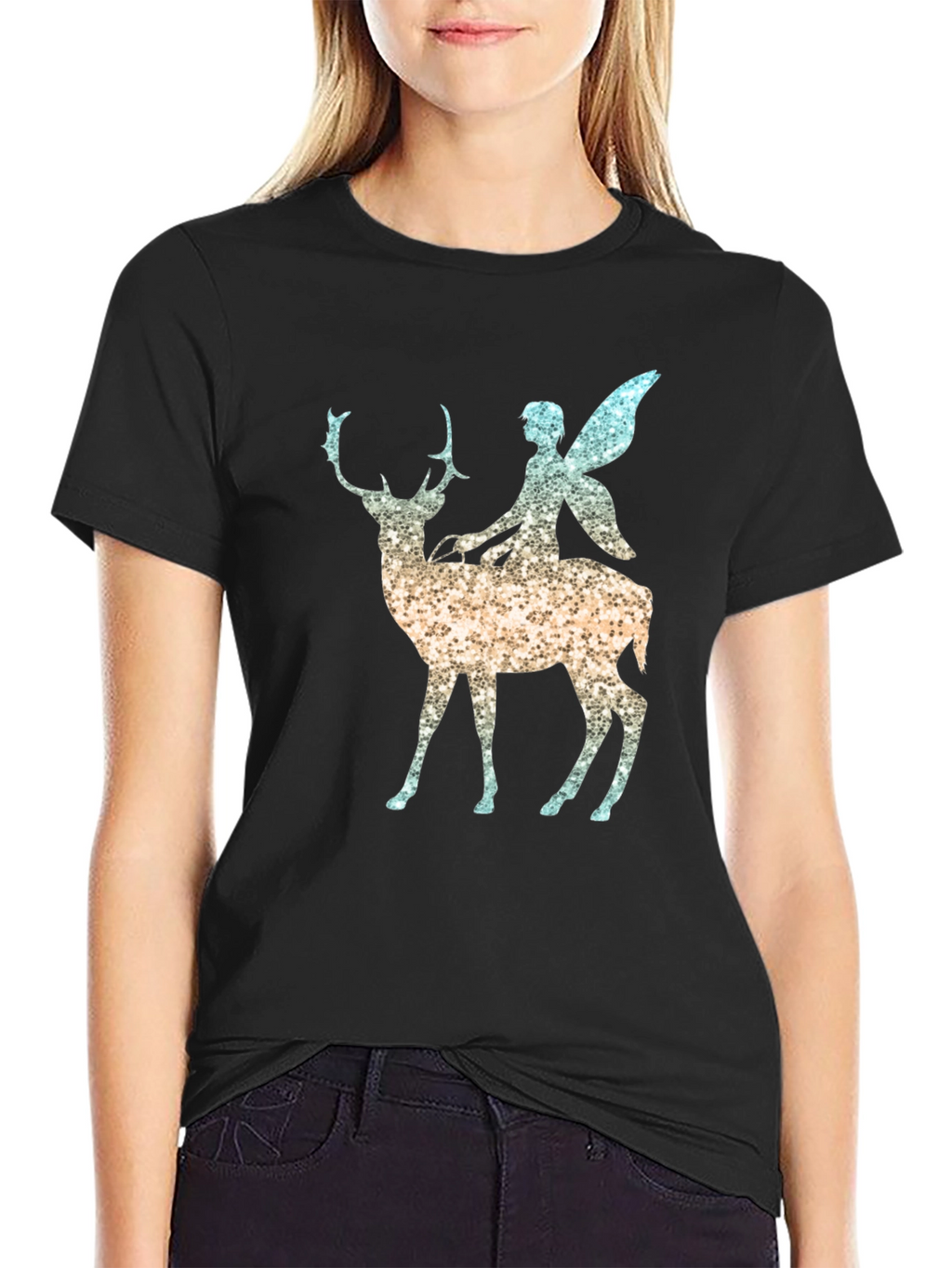 Fantasy Fairy Deer Graphic Tee - Black