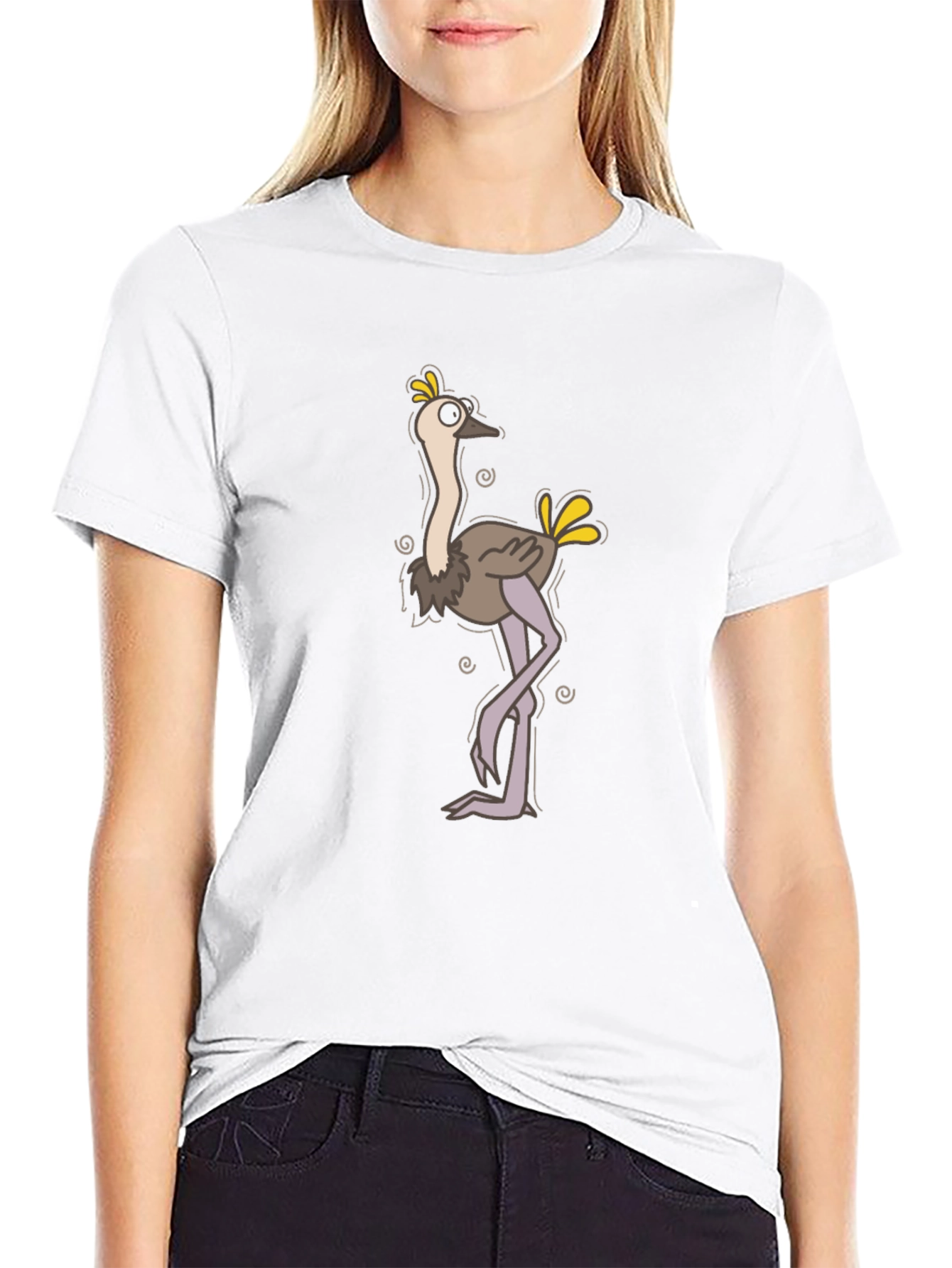 Funny Ostrich Cartoon Black T-Shirt