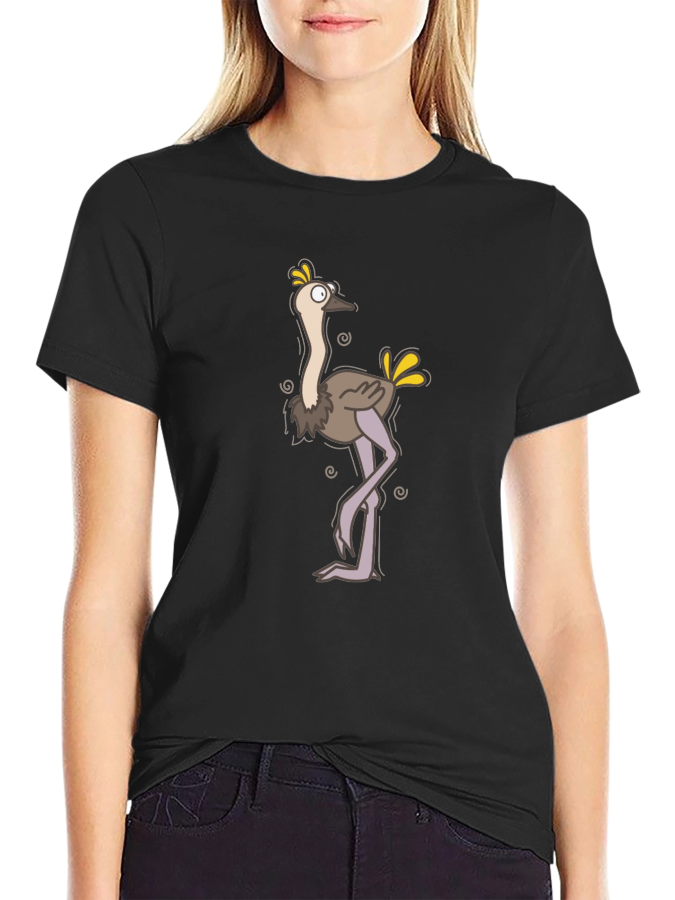 Funny Ostrich Cartoon Black T-Shirt