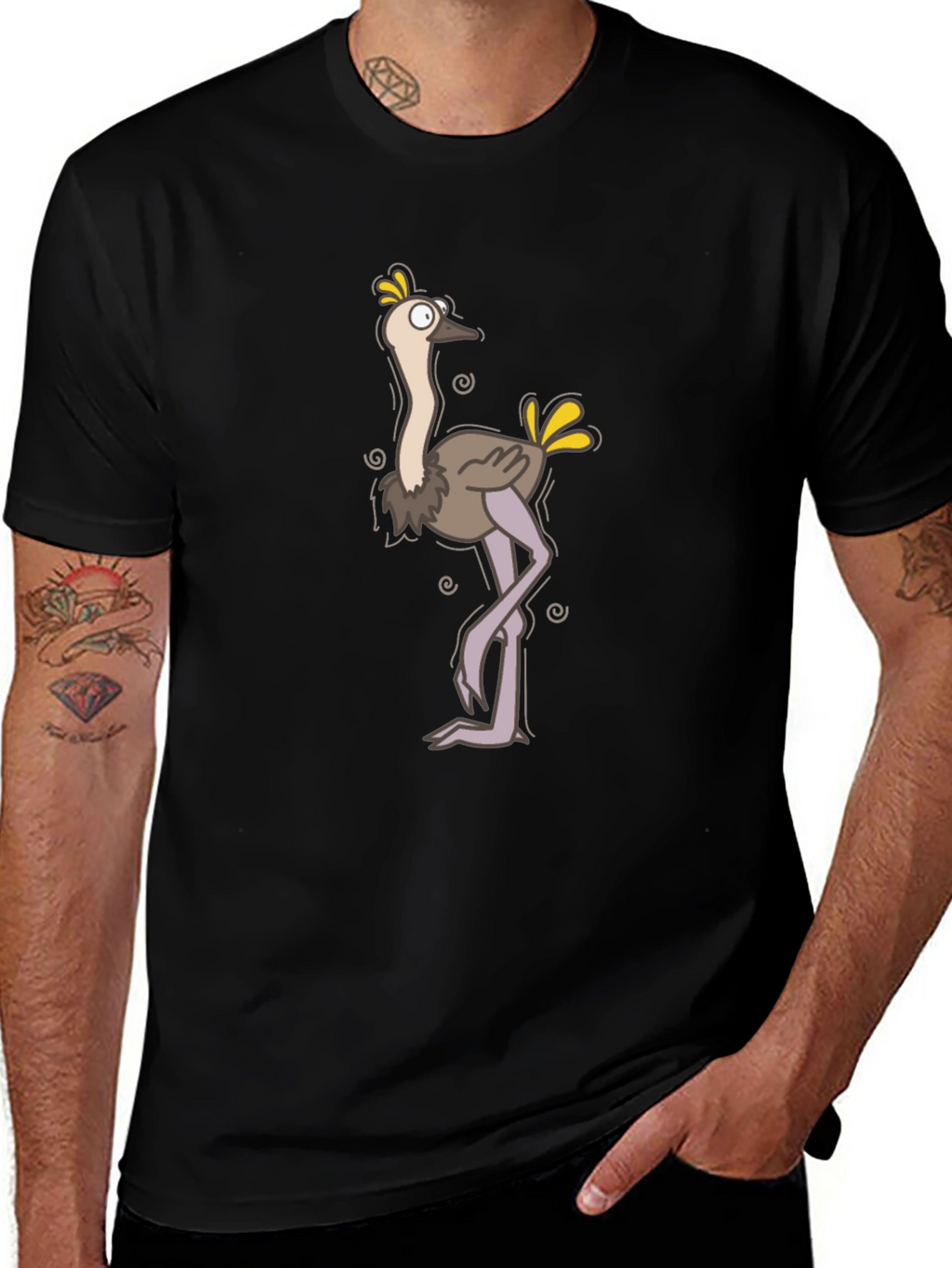 Funny Ostrich Cartoon Black T-Shirt