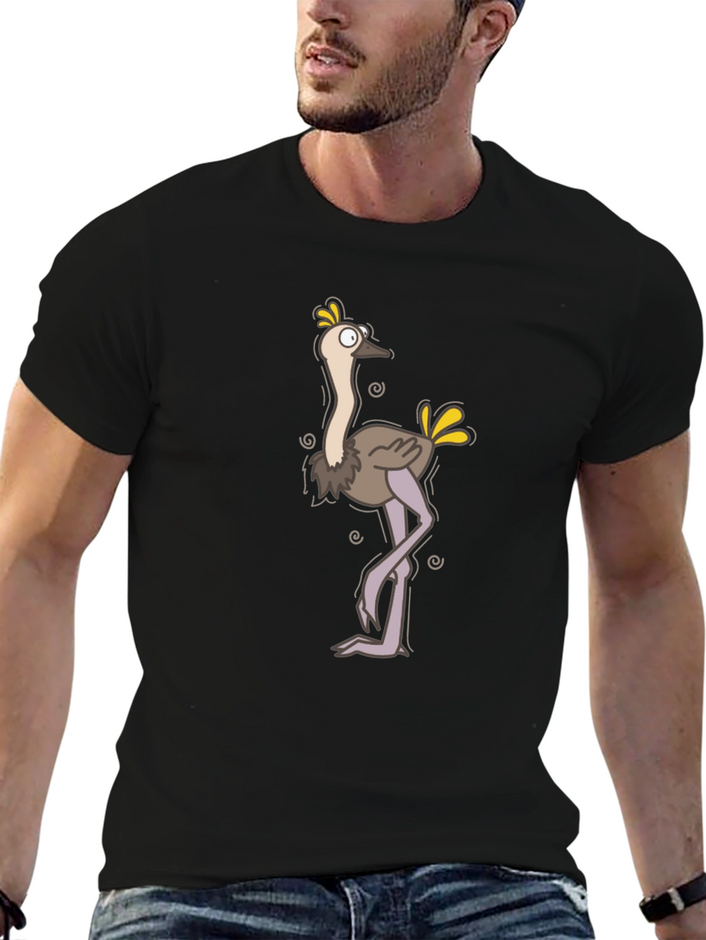 Funny Ostrich Cartoon Black T-Shirt