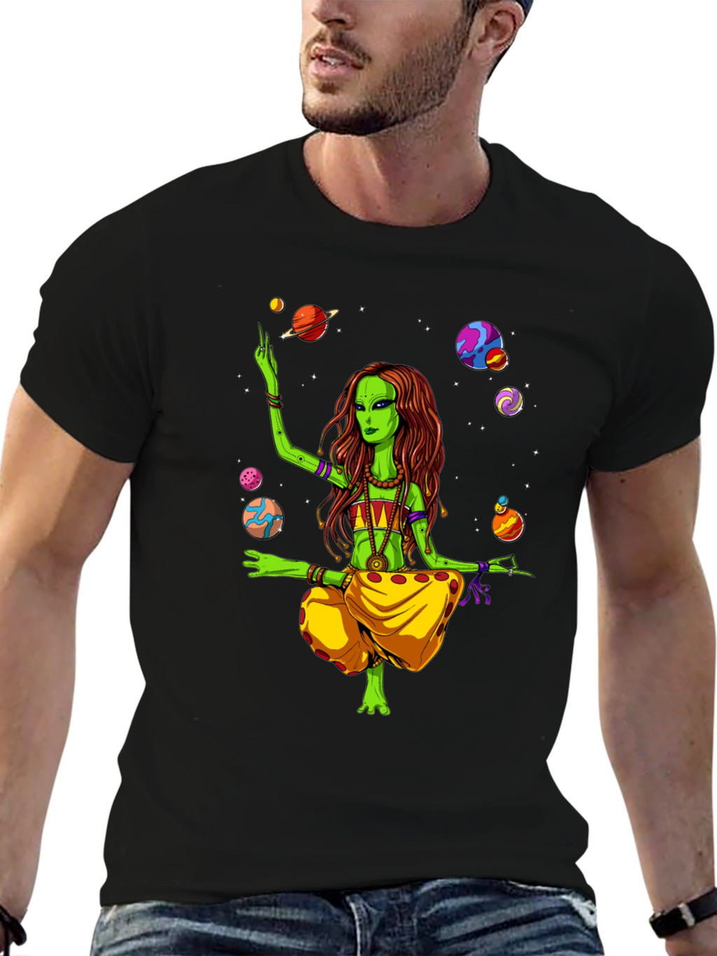 Alien Yoga Planets Graphic T-Shirt