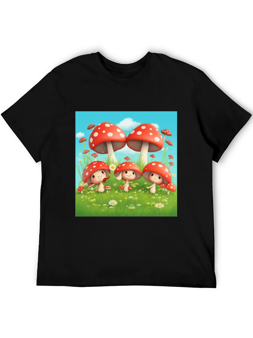 Mushroom Crew Graphic Tee - Black Cotton Shirt