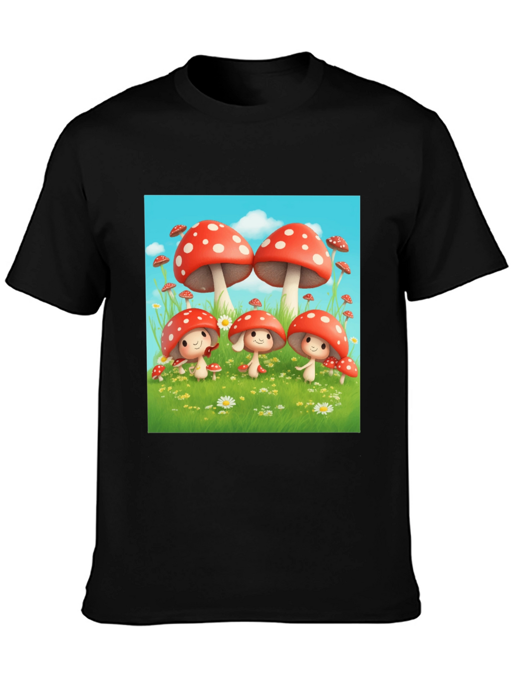 Mushroom Crew Graphic Tee - Black Cotton Shirt